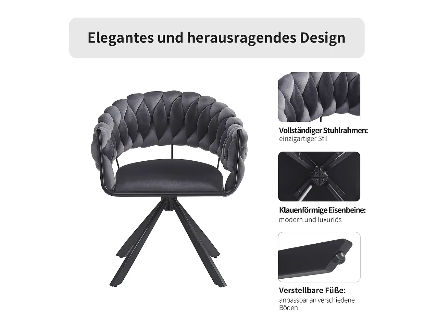 Juego de 6 sillas de comedor - 64 x 54 x 77 cm - Silla de tocador - Patas de garra ajustables - Terciopelo - Gris