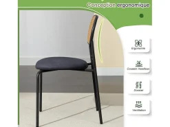 Juego de 2 sillas de comedor tapizadas con respaldo de ratán, estructura de metal, color negro