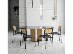Juego de 2 sillas de comedor tapizadas con respaldo de ratán, estructura de metal, color negro