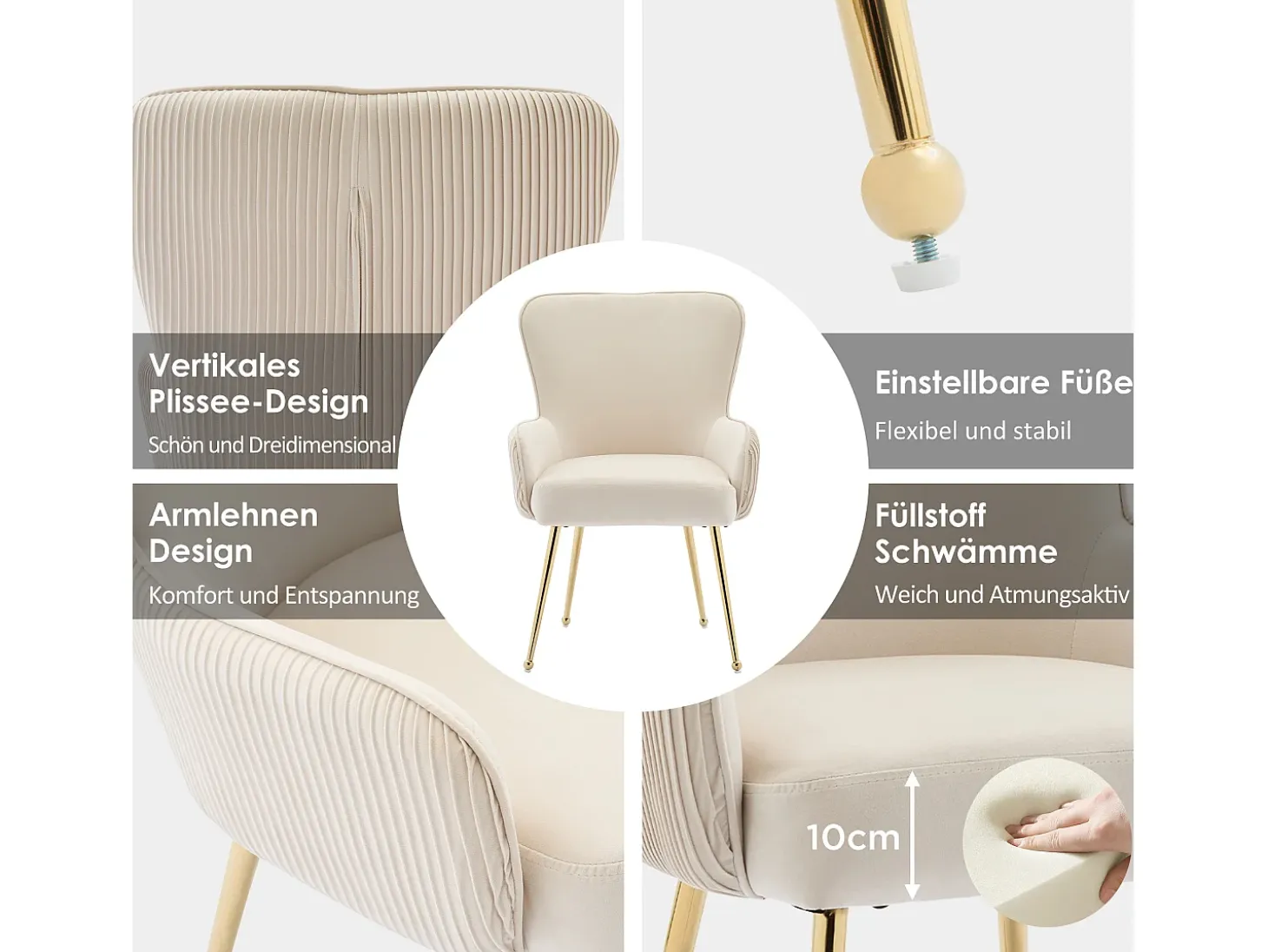 Juego de 6 sillas de comedor de terciopelo beige con reposabrazos, patas de metal dorado, soporte lumbar y patas ajustables (69 x 58,5 x 56 cm)