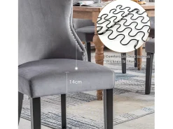 Juego de 2 sillas de comedor, terciopelo gris, con costuras de botones, estructura de madera maciza