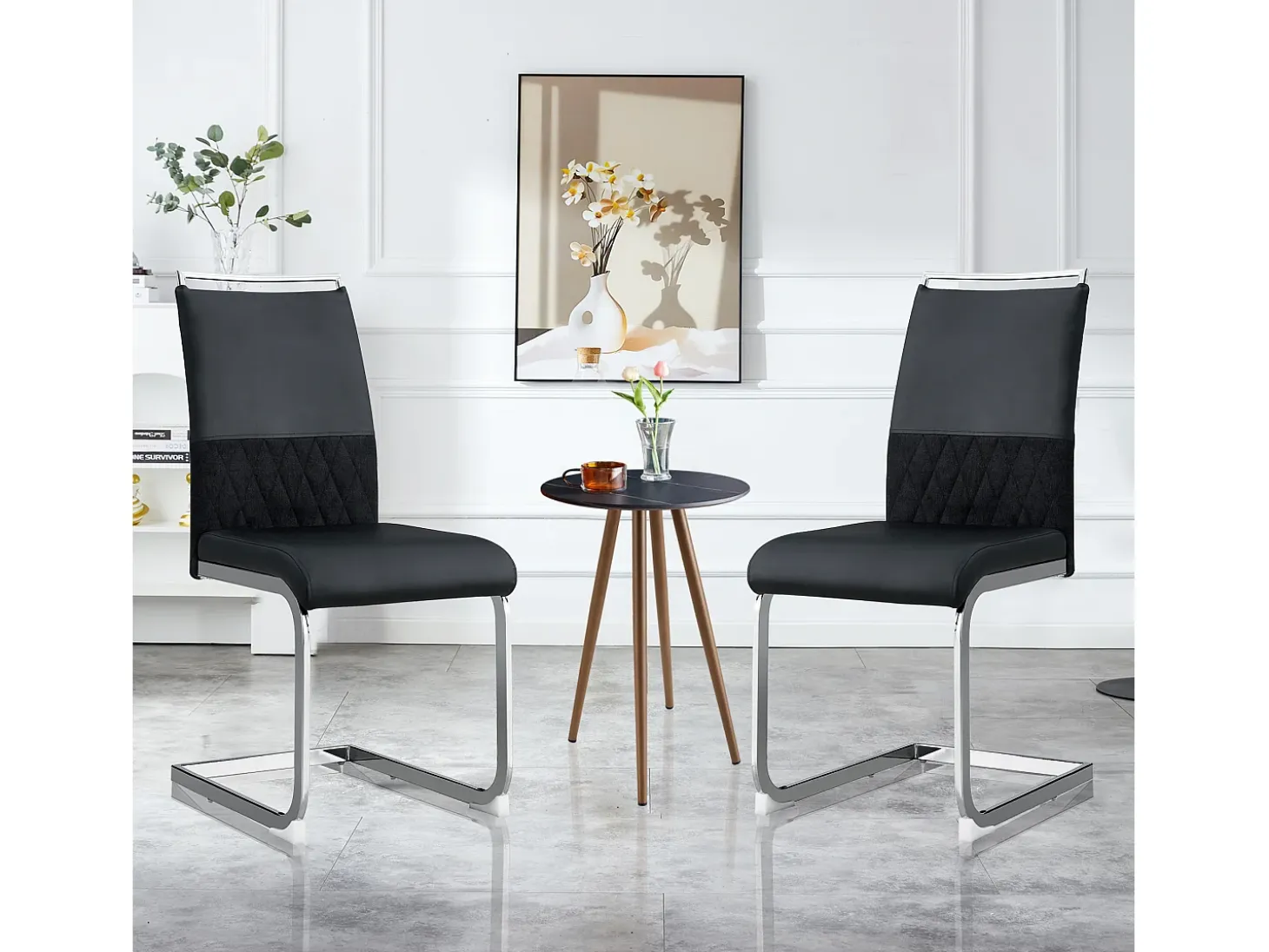Juego de 2 sillas de comedor con respaldo alto de cuero sintético y lino, tachuelas decorativas, metal y terciopelo negro (42 x 45 x 83,7 cm)