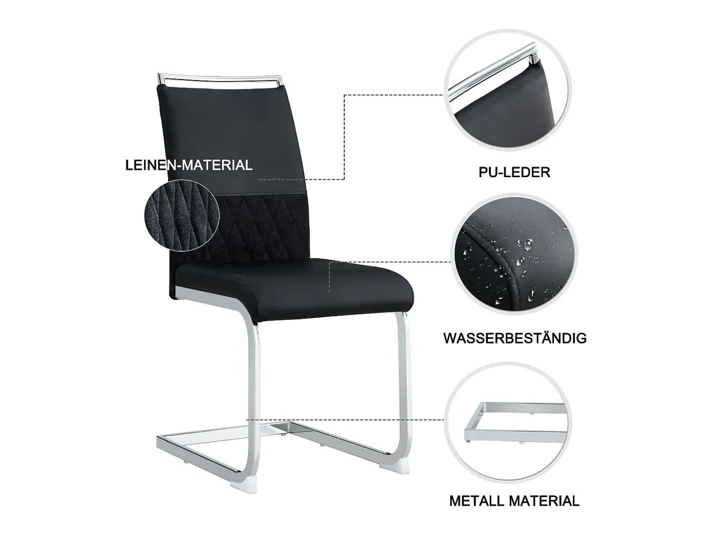 Juego de 2 sillas de comedor con respaldo alto de cuero sintético y lino, tachuelas decorativas, metal y terciopelo negro (42 x 45 x 83,7 cm)