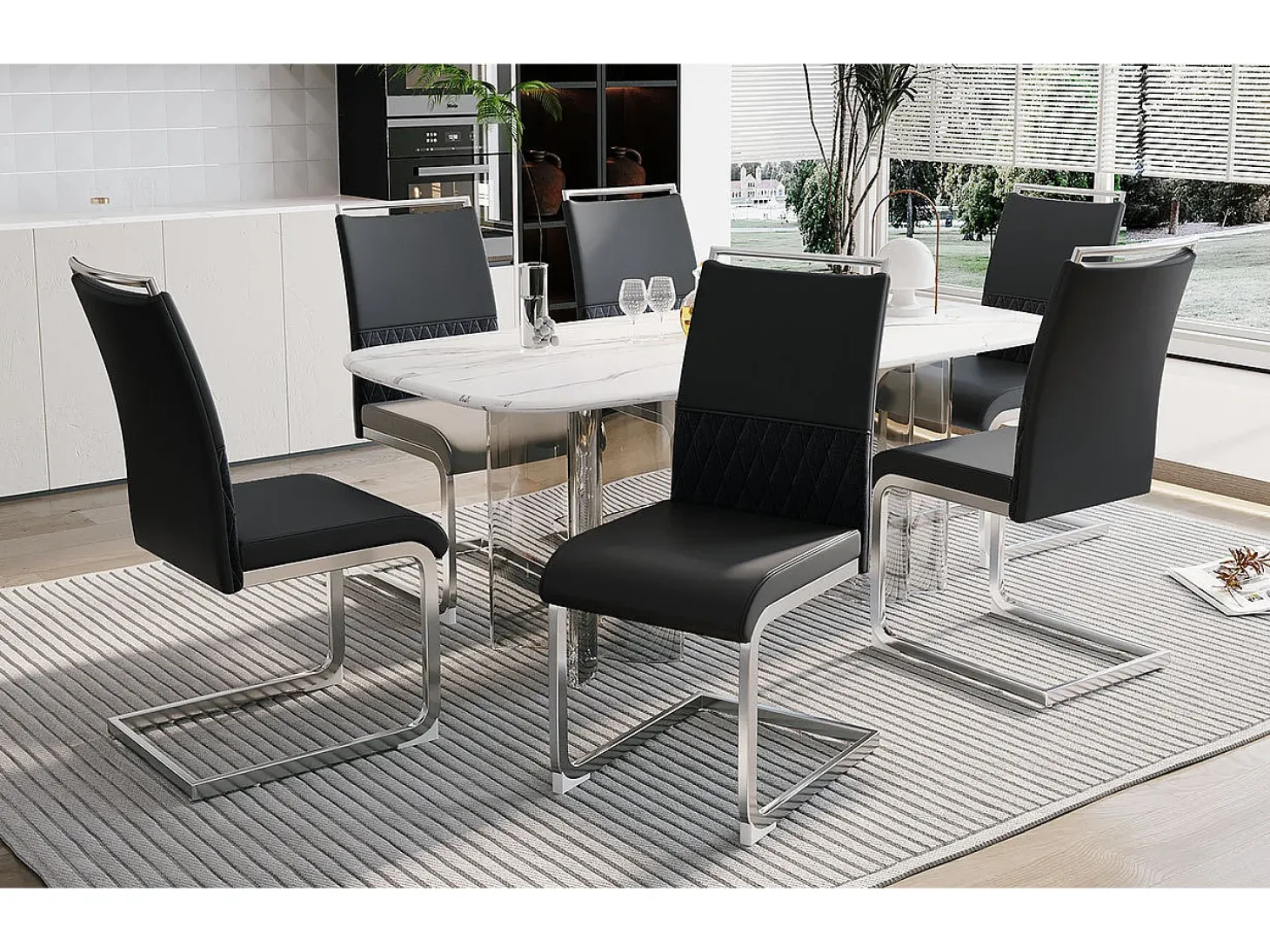 Juego de 6 sillas de comedor modernas, respaldo de piel sintética y lino, respaldo alto tapizado, diseño de rayas horizontales, color negro.
