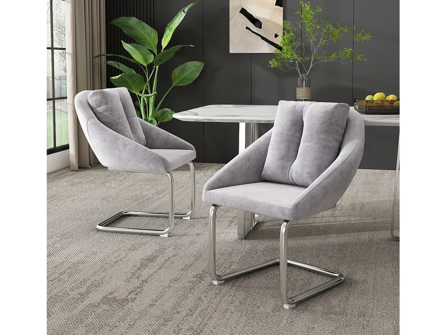 Juego de 2 sillas de comedor - terciopelo gris - Sillas con respaldo acolchado y patas arqueadas plateadas