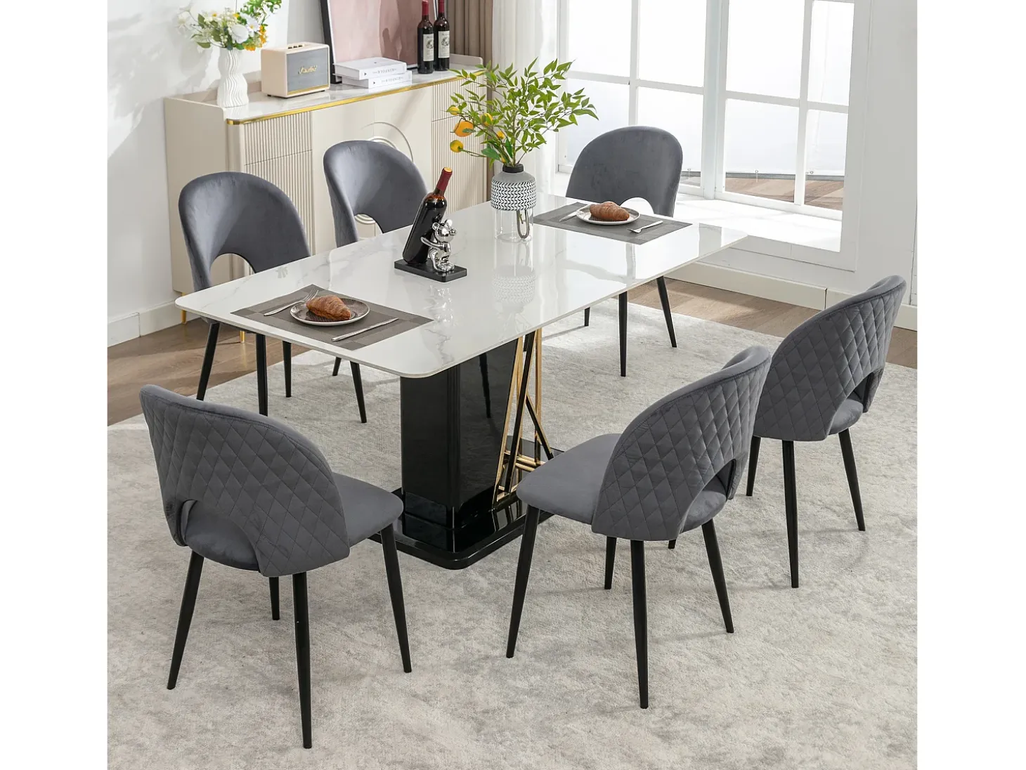 Juego de 6 sillas de comedor, diseño tapizado con respaldo, terciopelo, estructura de metal, patas ajustables, patrón de rombos, color gris.