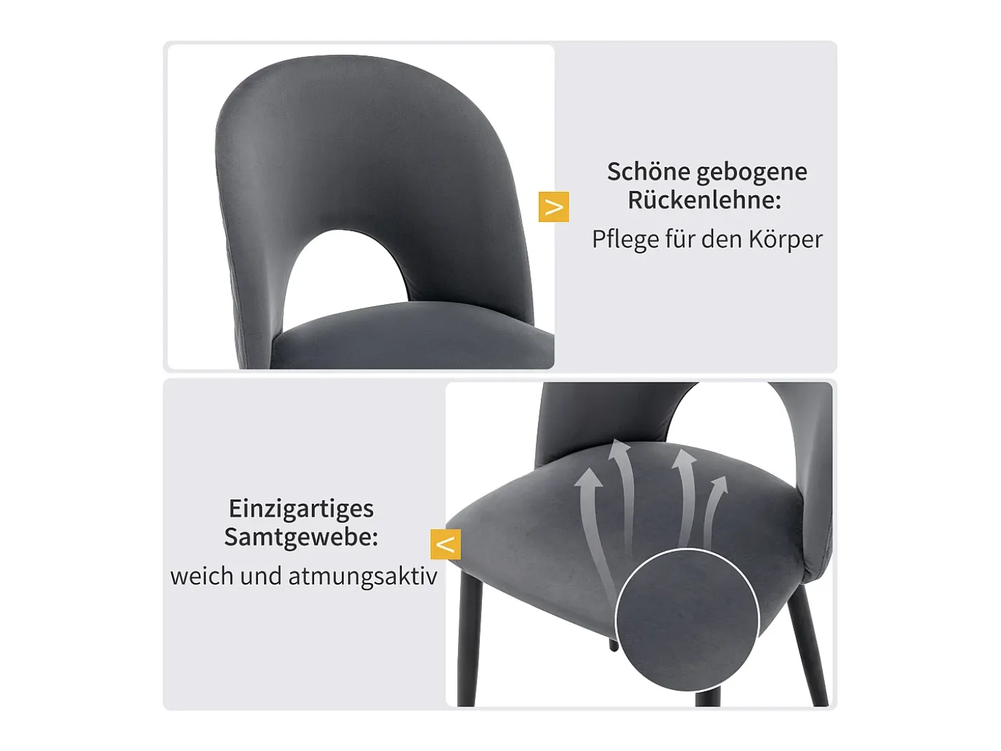 Juego de 6 sillas de comedor, diseño tapizado con respaldo, terciopelo, estructura de metal, patas ajustables, patrón de rombos, color gris.