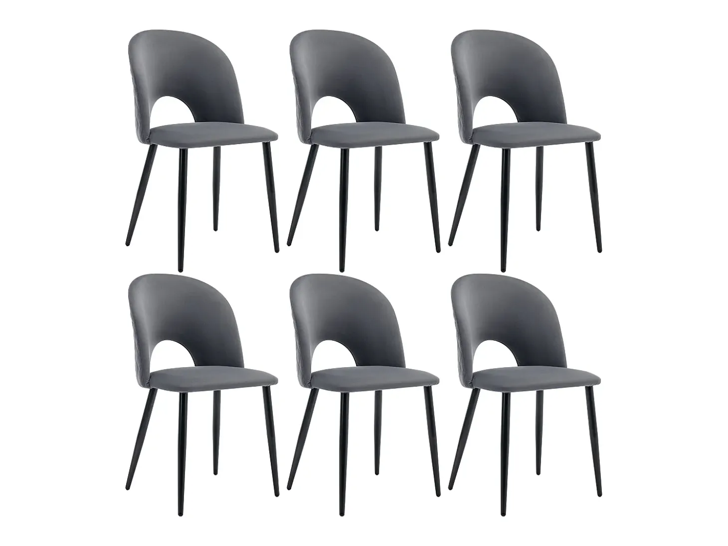 Juego de 6 sillas de comedor, diseño tapizado con respaldo, terciopelo, estructura de metal, patas ajustables, patrón de rombos, color gris.