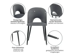 Juego de 6 sillas de comedor, diseño tapizado con respaldo, terciopelo, estructura de metal, patas ajustables, patrón de rombos, color gris.