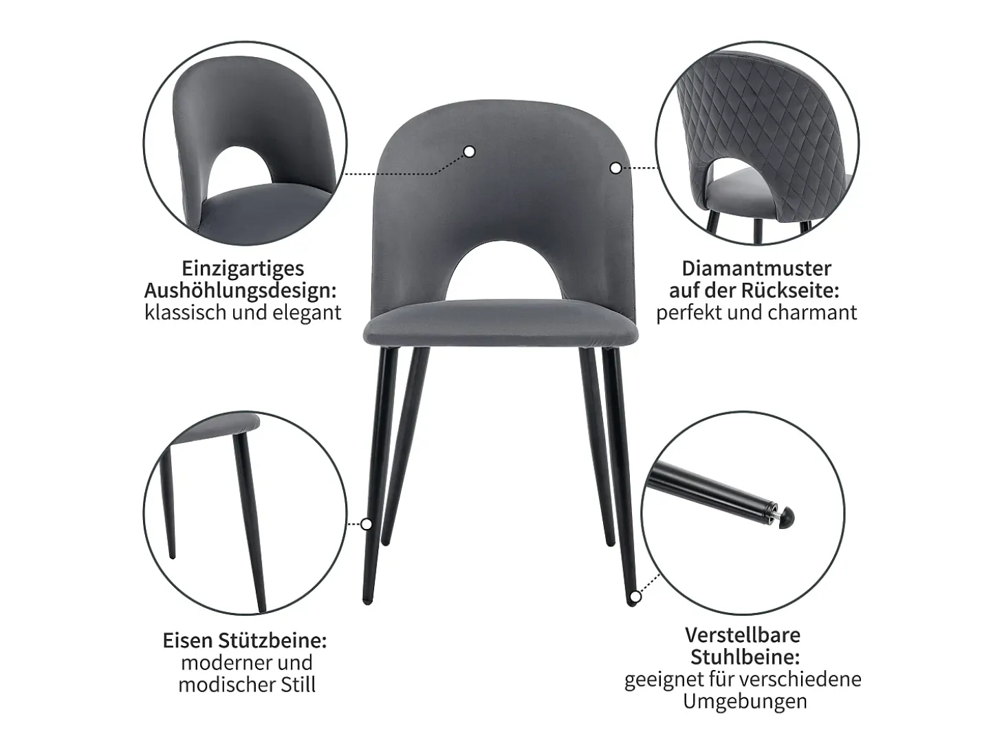 Juego de 6 sillas de comedor, diseño tapizado con respaldo, terciopelo, estructura de metal, patas ajustables, patrón de rombos, color gris.