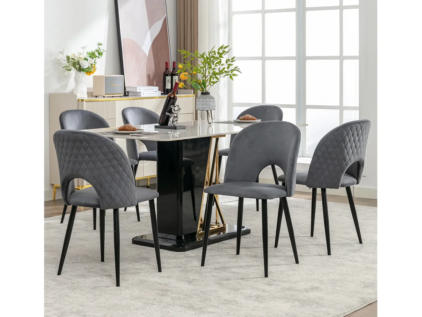 Juego de 6 sillas de comedor, diseño tapizado con respaldo, terciopelo, estructura de metal, patas ajustables, patrón de rombos, color gris.