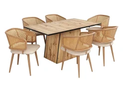 Juego de 4 sillas de comedor de polipiel y terciopelo con patas de metal efecto madera – beige/marrón