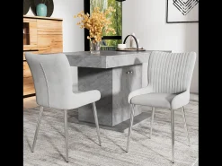 Juego de 2 sillas de comedor de terciopelo, diseño de lujo, con soporte lumbar y patas de metal plateado, color gris.