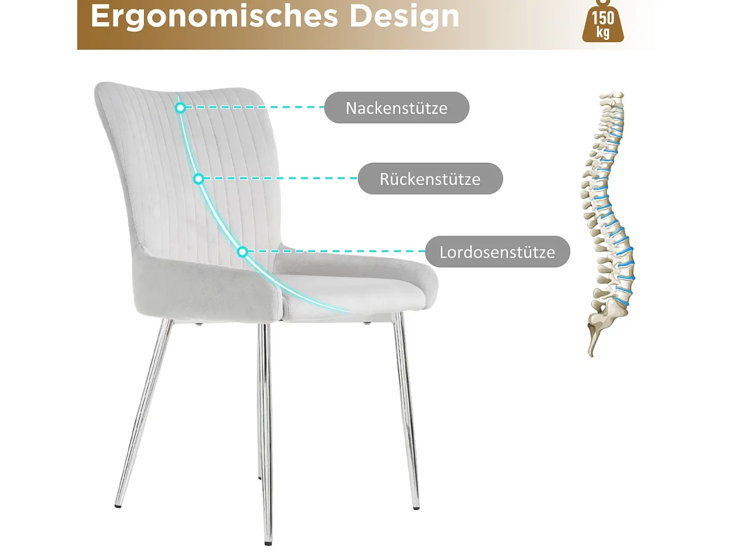 Juego de 2 sillas de comedor de terciopelo, diseño de lujo, con soporte lumbar y patas de metal plateado, color gris.