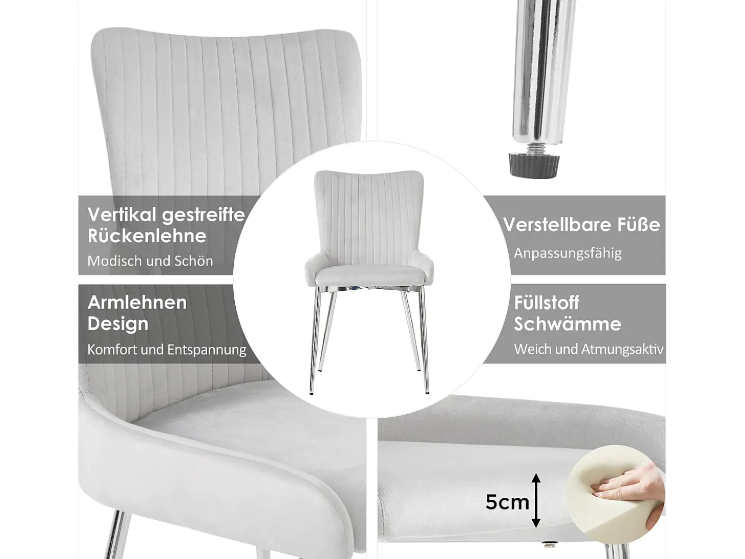Juego de 2 sillas de comedor de terciopelo, diseño de lujo, con soporte lumbar y patas de metal plateado, color gris.
