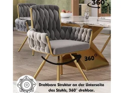 Juego de 6 sillas de comedor de terciopelo, silla de oficina de lujo, giratoria, con reposabrazos y estructura de metal, color gris