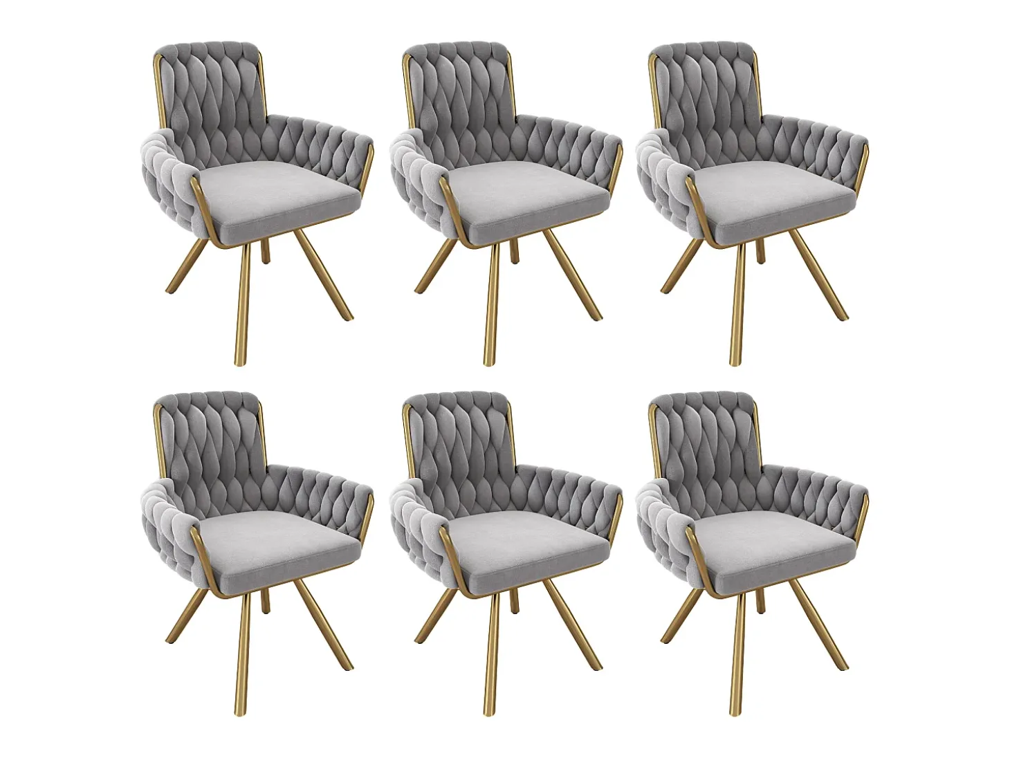 Juego de 6 sillas de comedor de terciopelo, silla de oficina de lujo, giratoria, con reposabrazos y estructura de metal, color gris