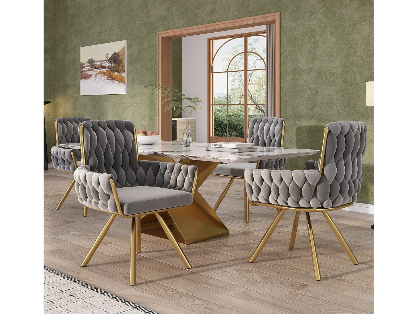 Juego de 6 sillas de comedor de terciopelo, silla de oficina de lujo, giratoria, con reposabrazos y estructura de metal, color gris