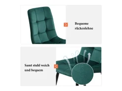 Juego de 4 sillas de comedor, verde oscuro, diseño de silla tapizada con respaldo, terciopelo, estructura de metal