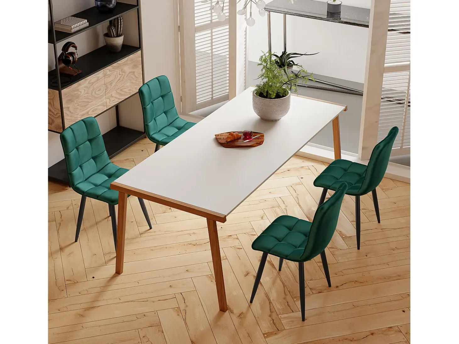 Juego de 4 sillas de comedor, verde oscuro, diseño de silla tapizada con respaldo, terciopelo, estructura de metal