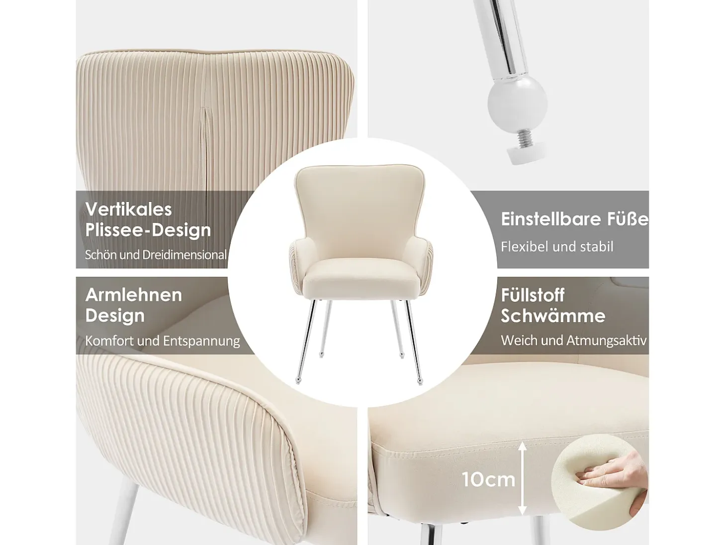 Juego de 6 sillas de comedor de terciopelo beige con reposabrazos, patas de metal plateado y soporte lumbar (69 x 58,5 x 56 cm)