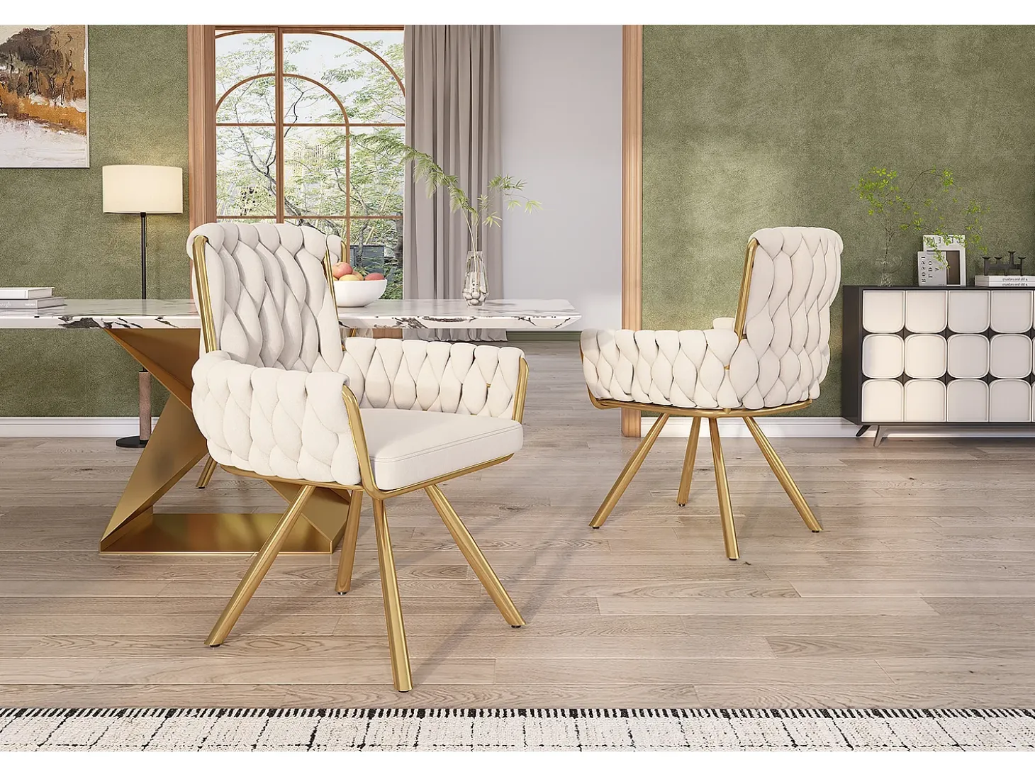 Juego de 4 sillas de comedor, diseño de rombos, sillón giratorio, patas de metal, color beige (L64,77 x An63,5 x Al50,8 cm)