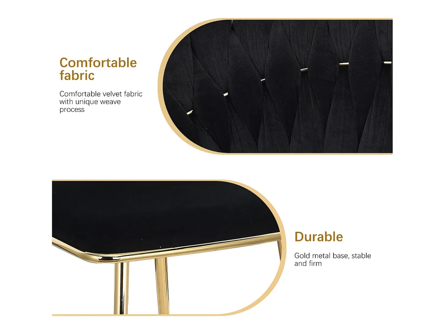 Juego de 2 sillas de comedor tapizadas en terciopelo con respaldo tejido y patas de metal dorado - Para comedor, sala de estar, cocina - Negro