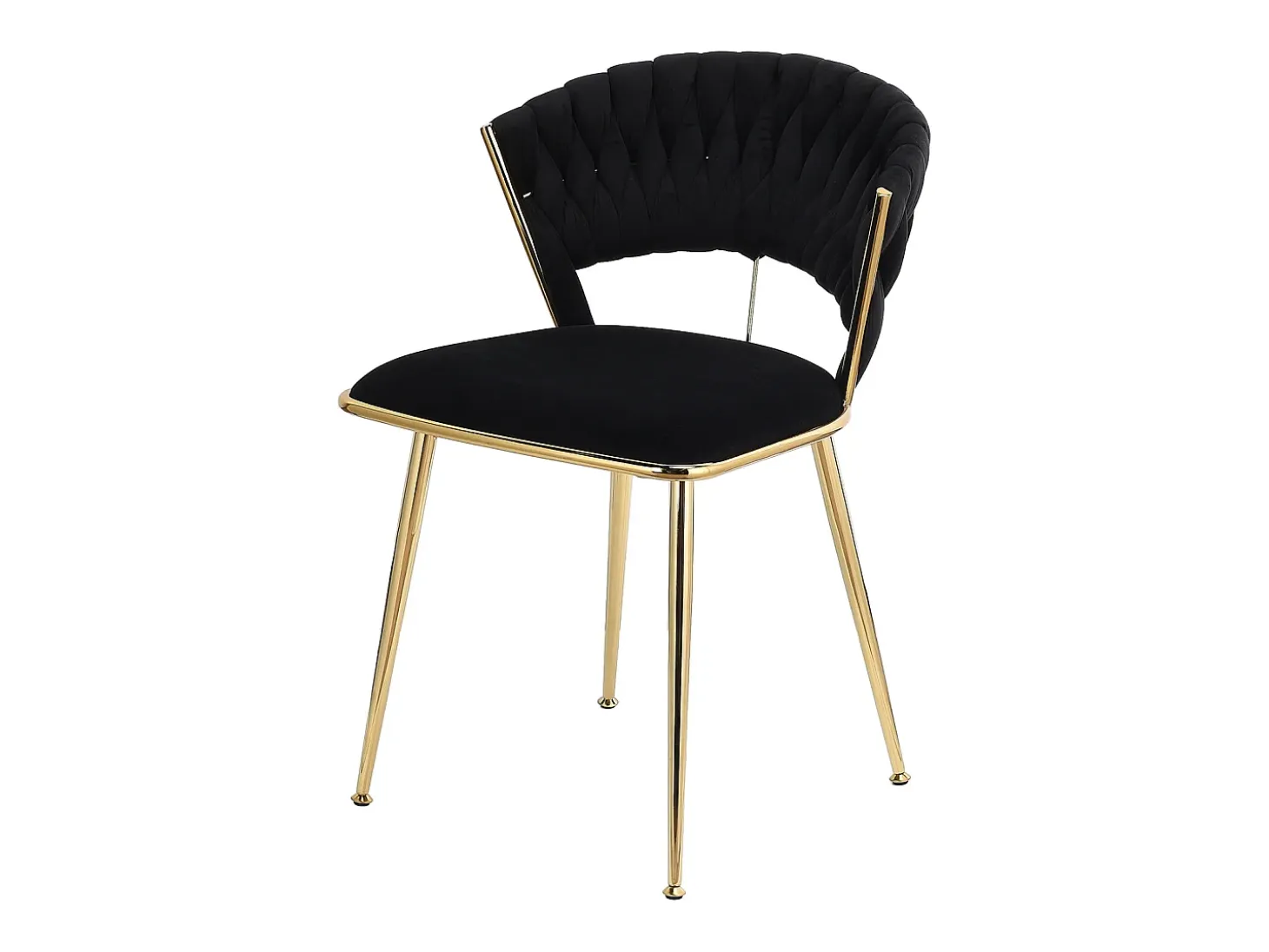 Juego de 2 sillas de comedor tapizadas en terciopelo con respaldo tejido y patas de metal dorado - Para comedor, sala de estar, cocina - Negro