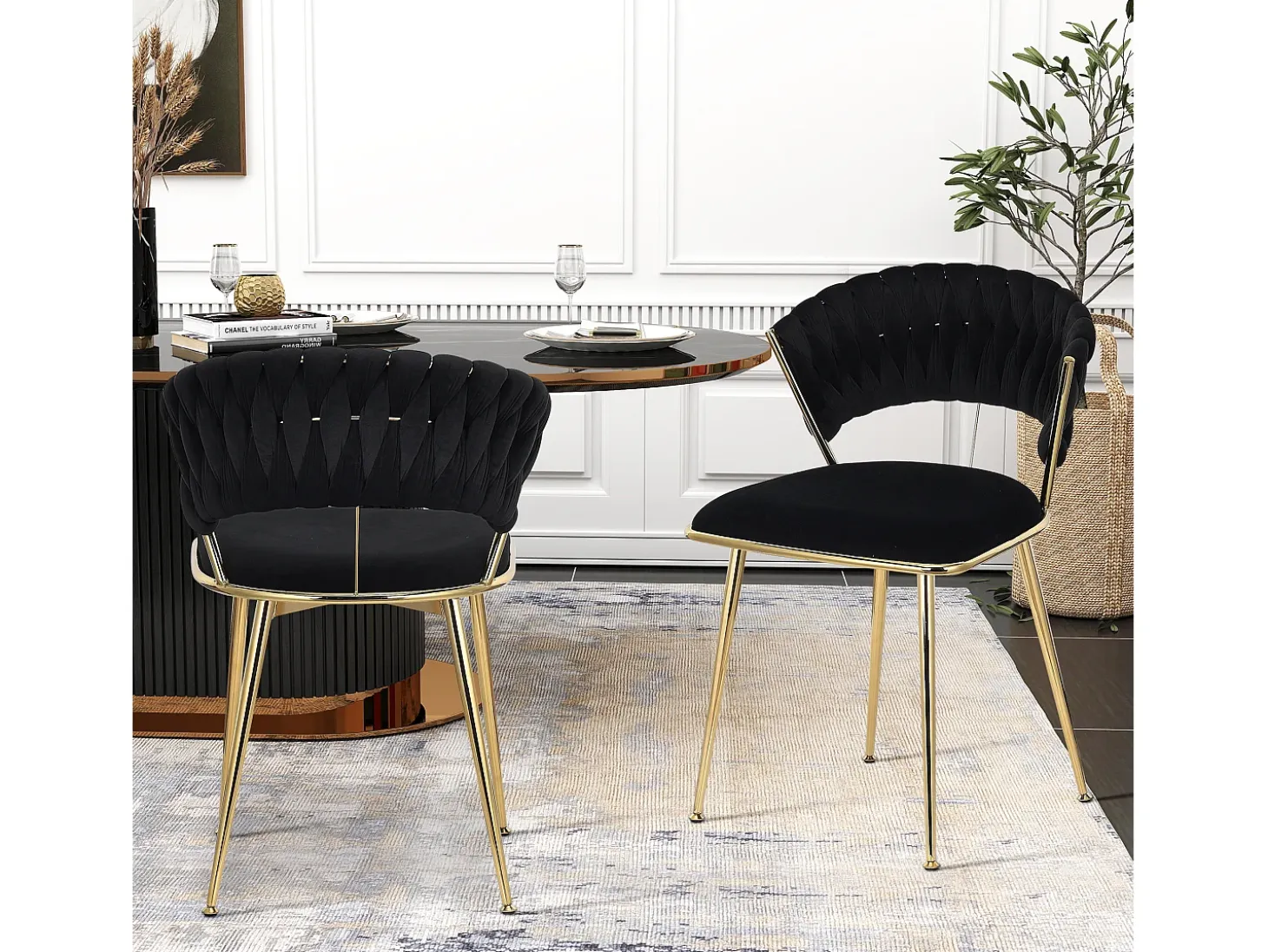 Juego de 2 sillas de comedor tapizadas en terciopelo con respaldo tejido y patas de metal dorado - Para comedor, sala de estar, cocina - Negro