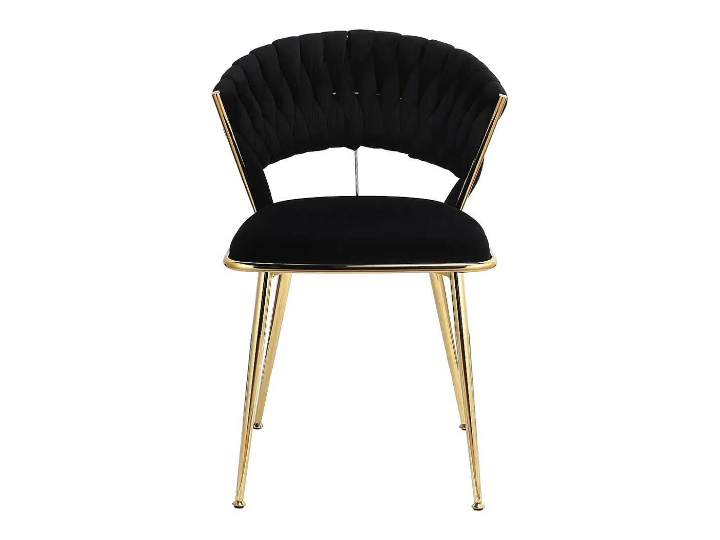 Juego de 2 sillas de comedor tapizadas en terciopelo con respaldo tejido y patas de metal dorado - Para comedor, sala de estar, cocina - Negro