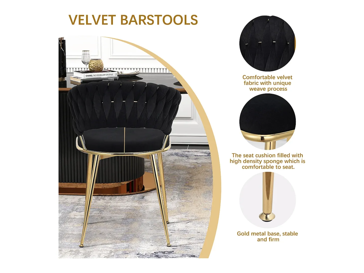 Juego de 2 sillas de comedor tapizadas en terciopelo con respaldo tejido y patas de metal dorado - Para comedor, sala de estar, cocina - Negro