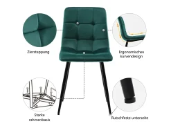 Juego de 4 sillas de comedor de terciopelo - patas de metal - verde oscuro