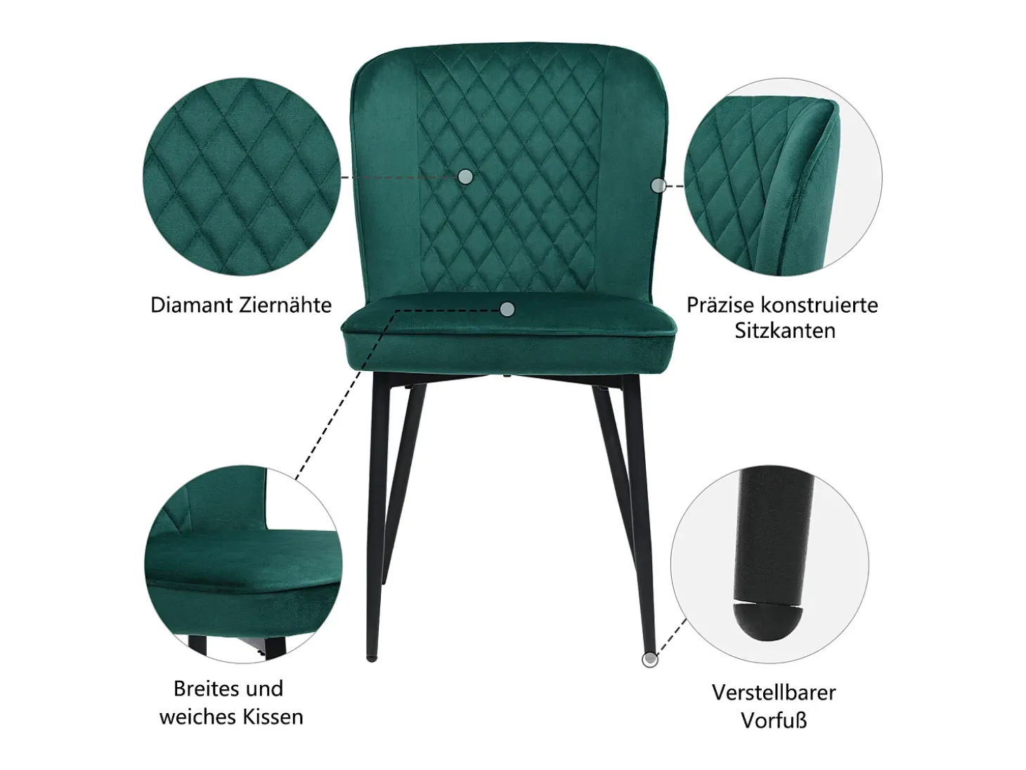 Juego de 6 sillas de comedor, verde oscuro, diseño de silla tapizada con respaldo, terciopelo, estructura de metal