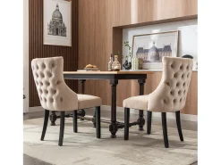 Juego de 2 sillas de comedor, terciopelo beige, con costuras de botones, estructura de madera maciza