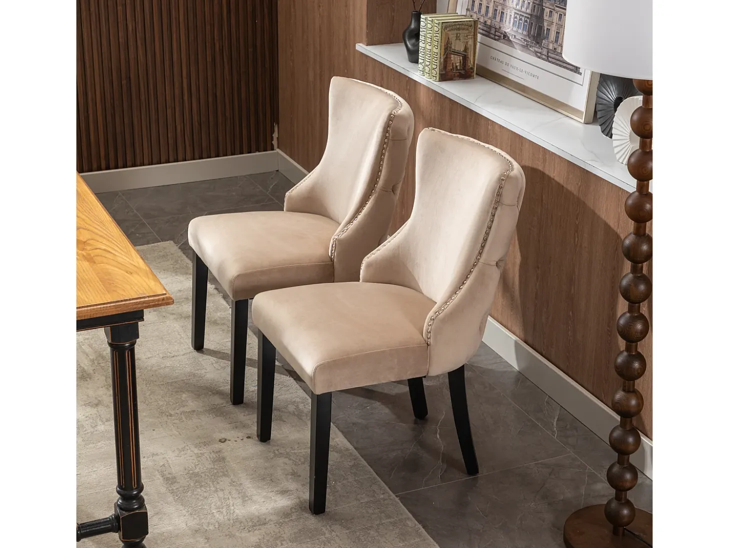 Juego de 2 sillas de comedor, terciopelo beige, con costuras de botones, estructura de madera maciza