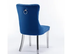 Juego de 2 sillas de comedor - Sillas con respaldo acolchado y patas de acero inoxidable plateadas - con ribete tachonado - terciopelo azul
