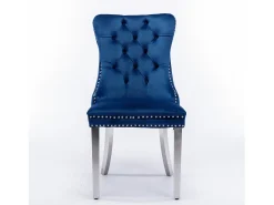 Juego de 2 sillas de comedor - Sillas con respaldo acolchado y patas de acero inoxidable plateadas - con ribete tachonado - terciopelo azul