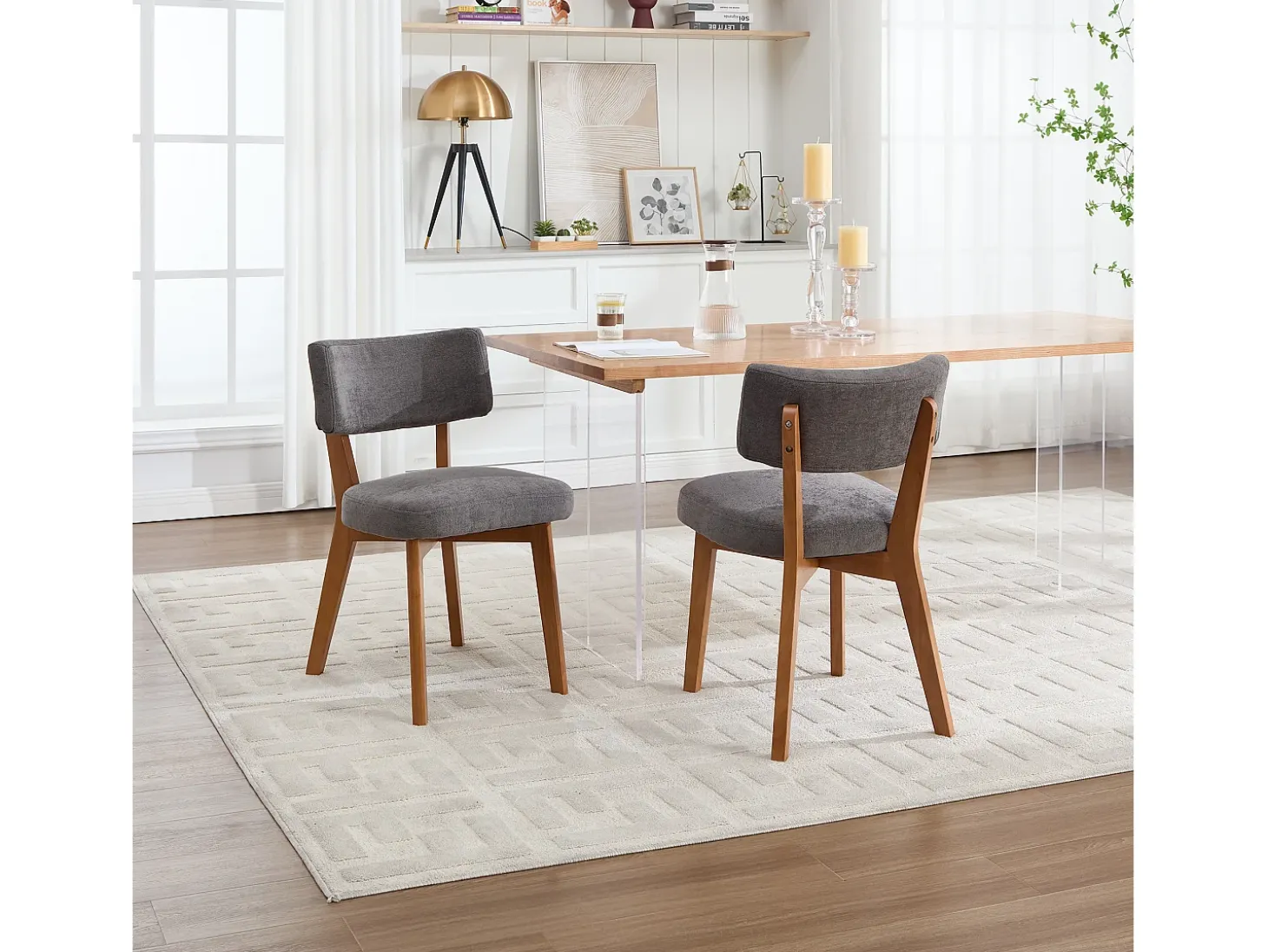 Juego de 2 sillas de comedor - Sillas con respaldo acolchado y patas de madera maciza - lino gris