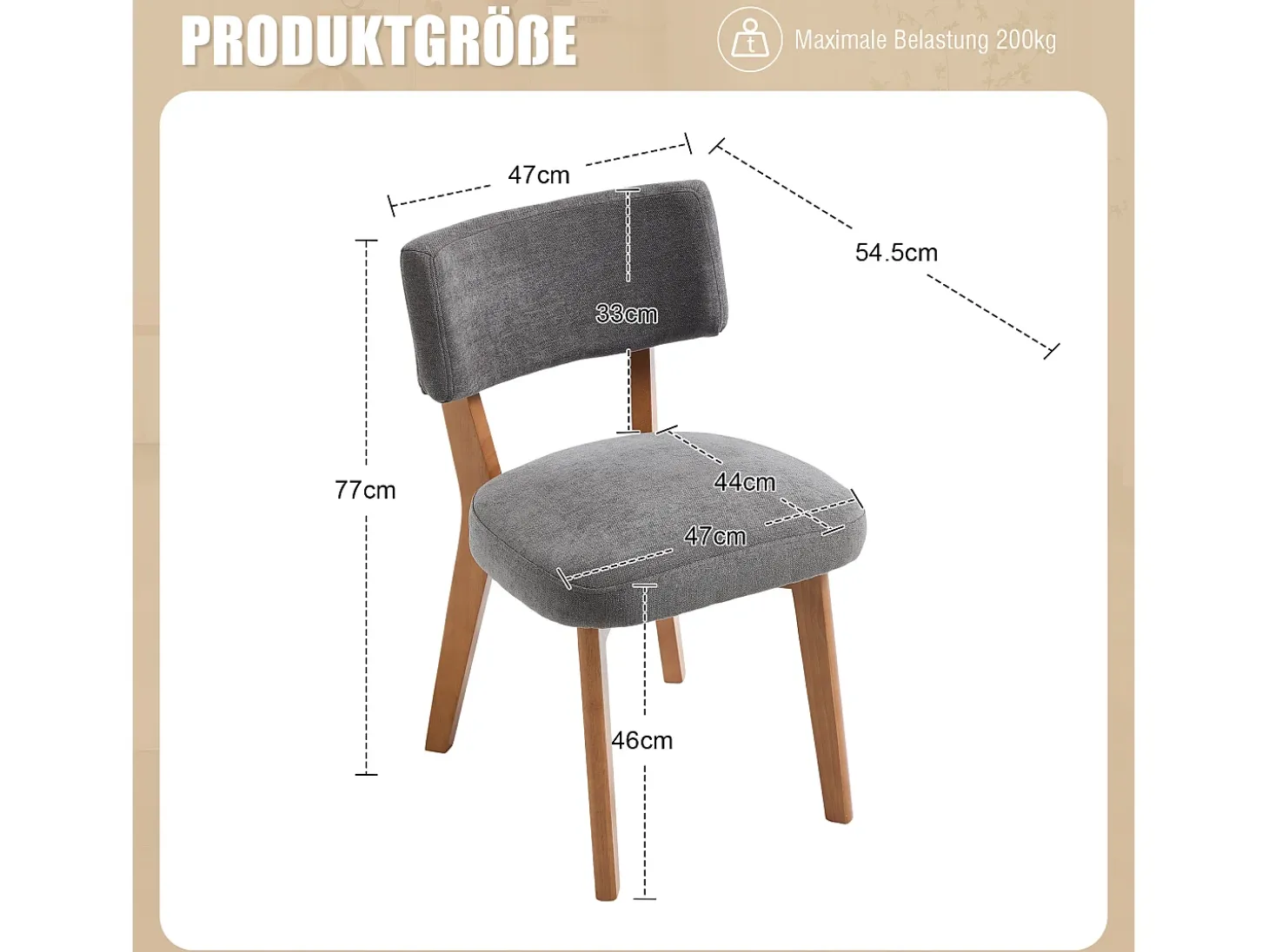 Juego de 2 sillas de comedor - Sillas con respaldo acolchado y patas de madera maciza - lino gris