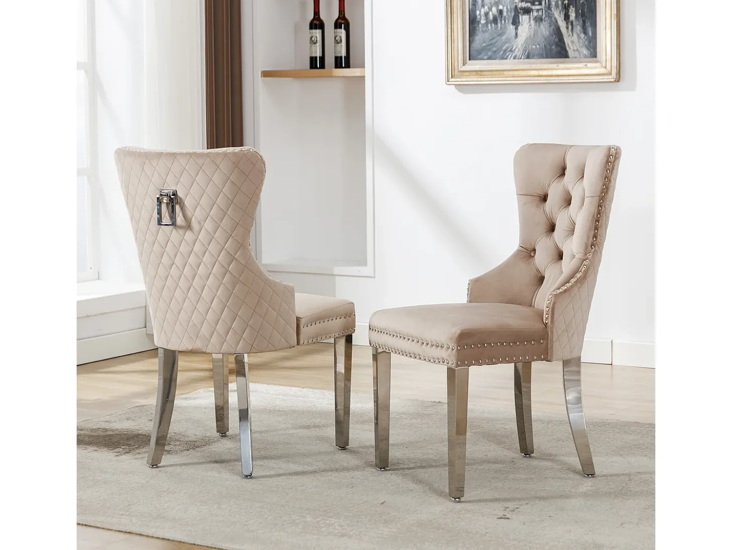 Juego de 2 sillas de comedor - Terciopelo y metal - Respaldo con motivos de rombos - Beige