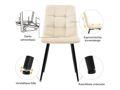 Juego de 4 sillas de comedor, beige, asiento de terciopelo, respaldo cómodo, estructura de metal.