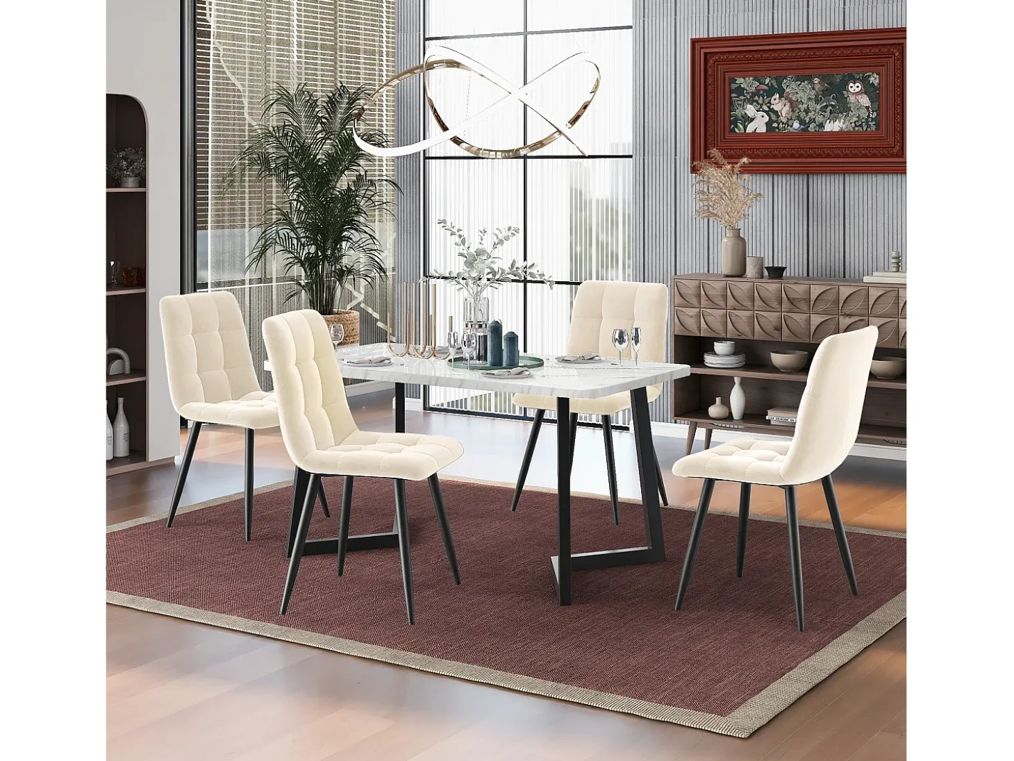 Juego de 4 sillas de comedor, beige, asiento de terciopelo, respaldo cómodo, estructura de metal.