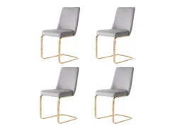 Juego de 4 sillas de comedor en terciopelo gris con respaldo tapizado y patas doradas.