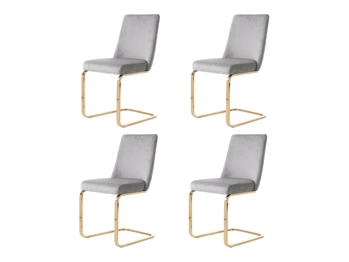 Juego de 4 sillas de comedor en terciopelo gris con respaldo tapizado y patas doradas.