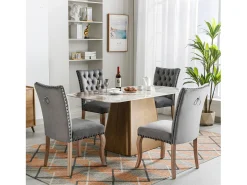 Juego de 4 Sillas de comedor tapizadas en terciopelo - Patas de nogal macizo - Decoración botones - Gris