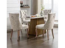 Juego de 4 sillas de comedor - Terciopelo y madera maciza - Respaldo con motivos de rombos - Beige claro