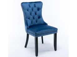 Juego de 2 sillas de comedor - Sillas con respaldo acolchado, patas de madera y ribete de tachuelas - terciopelo azul