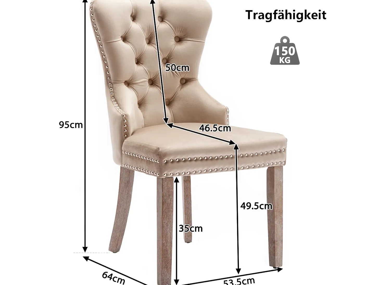 Juego de 2 sillas de comedor, tapizadas con ribete de tachuelas, patas de madera maciza, funda de terciopelo, color beige, con diseño de aldaba.
