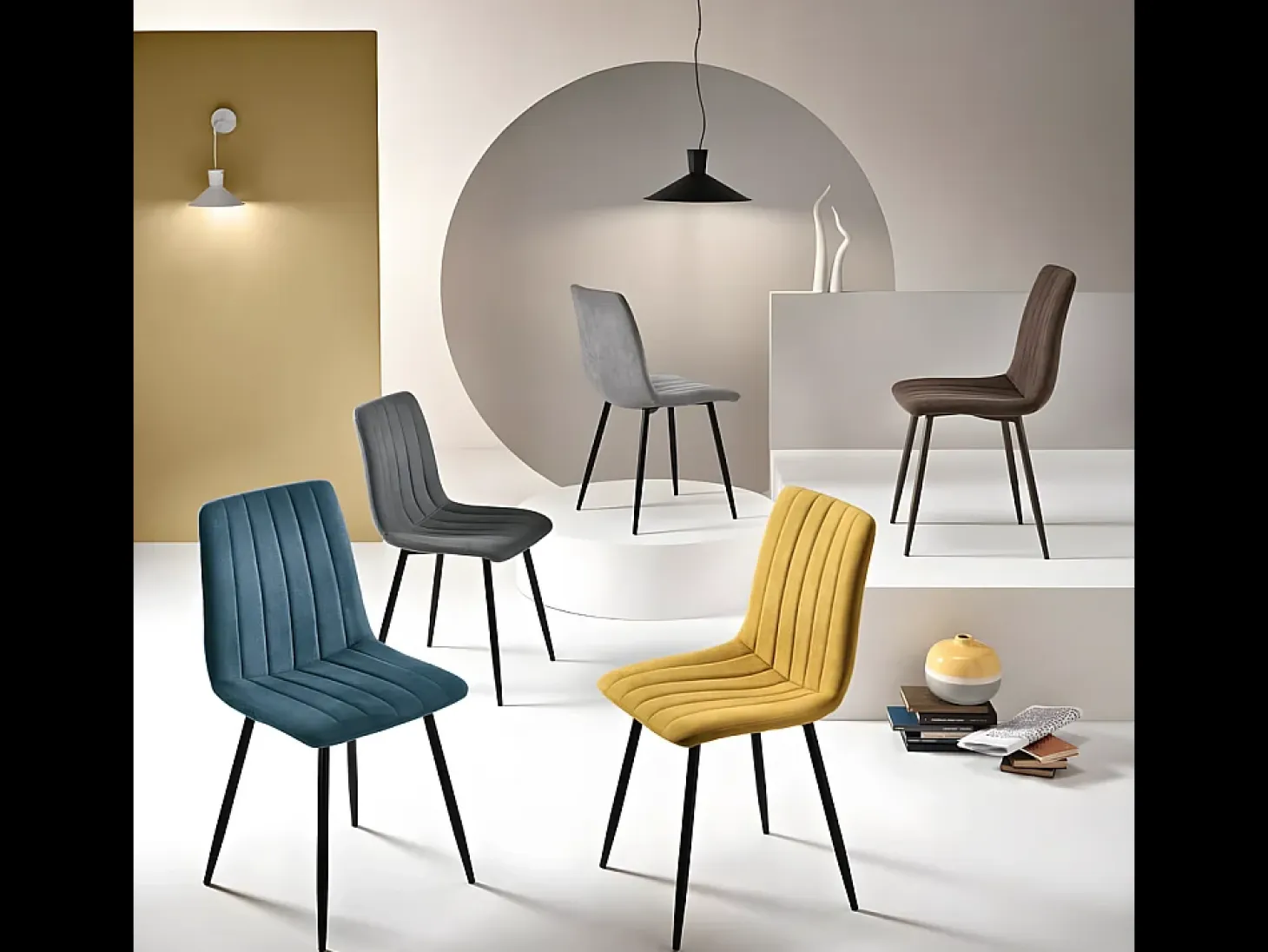 Juego de 4 sillas de comedor modernas de tela amarilla "Palmer" acolchadas cm 45x54 88h