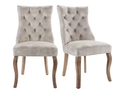 Juego de 2 sillas de comedor - Terciopelo y madera maciza - Respaldo con motivos de rombos - Beige claro